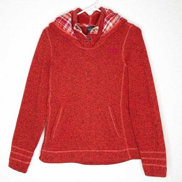 The North Face orange red plaid trim sweater knit hooded pullover size Small - Picture 1 of 16